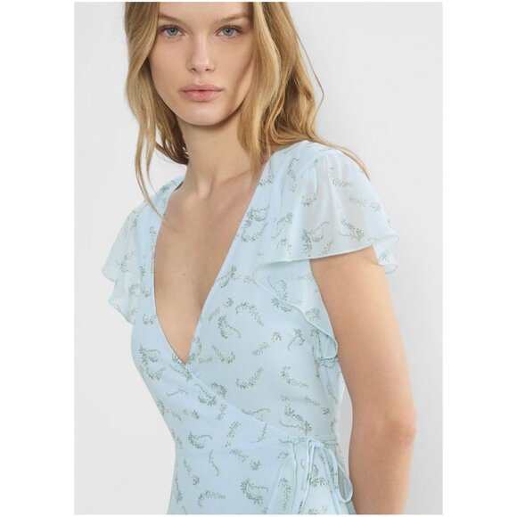 NEW Aritzia Lawn Dress - Blue & Yellow Floral Wrap Sundress Flutter Sleeves - Picture 2 of 10